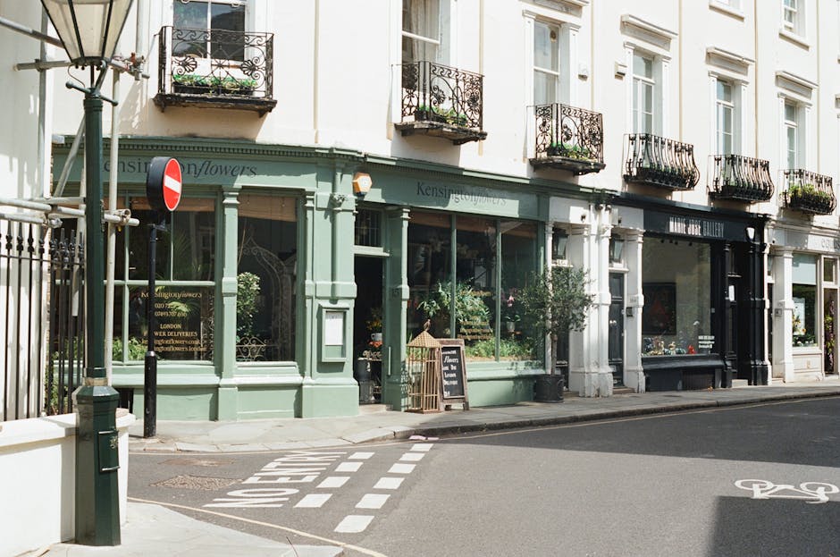 The image depicts a street-level view of a row of commercial buildings with large glass storefront windows displaying potted plants and flowers. The shop on the left has a light green facade with deco